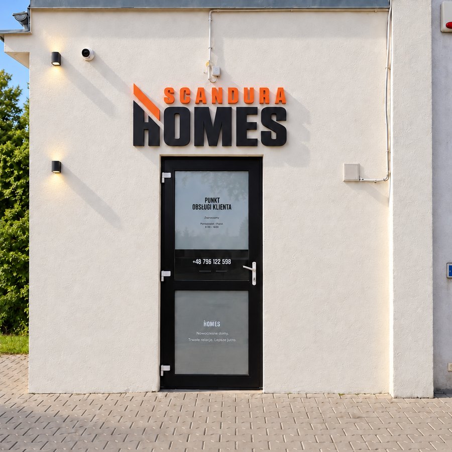 Elewacja Biura Obsługi Klienta Scandura Homes — biały budynek z logo Scandura Homes nad ciemnymi szklanymi drzwiami