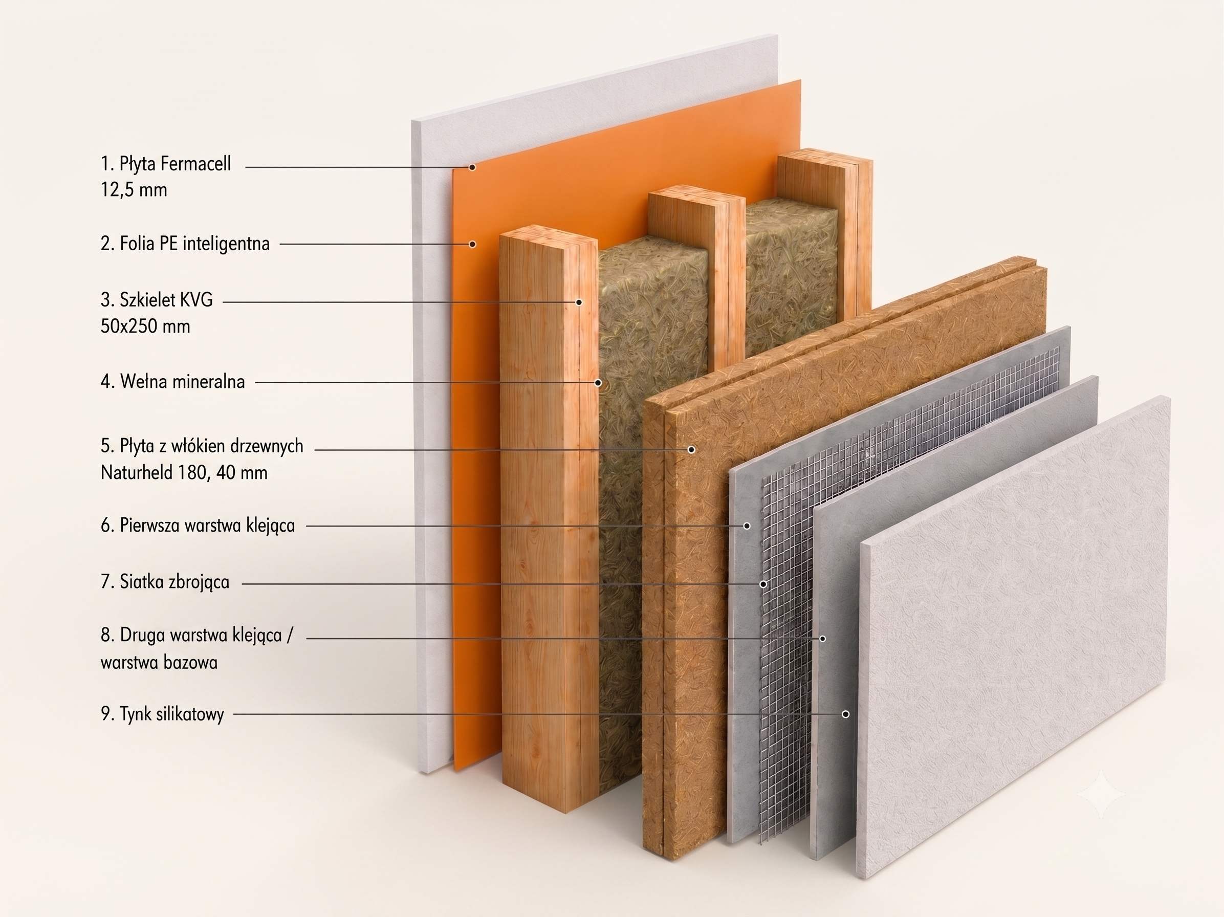 Przekrój ściany Evergreen+ Scandura Homes z oznaczonymi warstwami: płyta fermacell, folia PE, szkielet KVH, wełna mineralna, płyta z włókien drzewnych Naturheld, warstwy klejące, siatka zbrojąca i tynk silikatowy